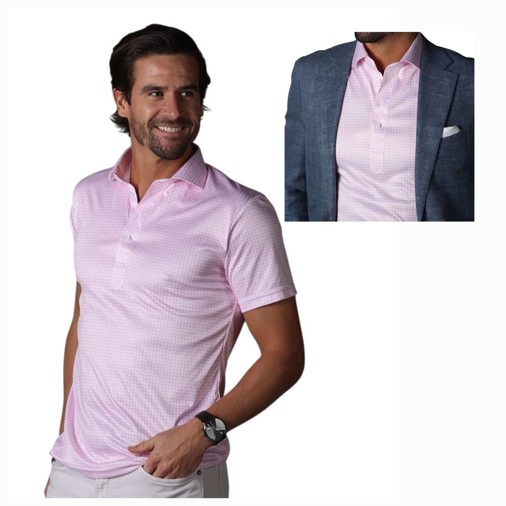 Collars & Co. Semi-spread Collar Polo, Pink Gingham Check sz L, Performance - Picture 2 of 12